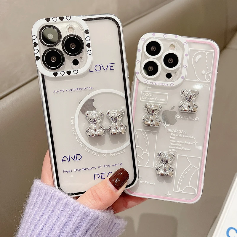 

Transparent Three Dimensional Silver Bear Phone Case For iPhone 13 12 Mini 11 Pro Mxa SE 2020 XR XSMax 7 8 Plus Shockproof Cover