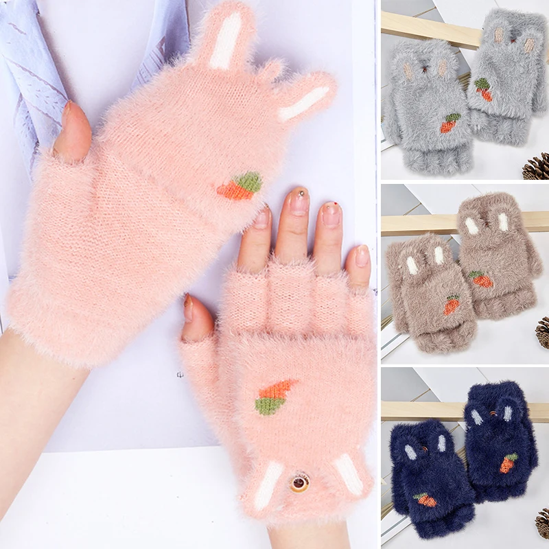 

Winter Girls Flipped Half Finger Gloves Winter Warm Wool Gloves Cute Rabbit Ears Plush Gloves Warm Knitted Fingerless Mittens