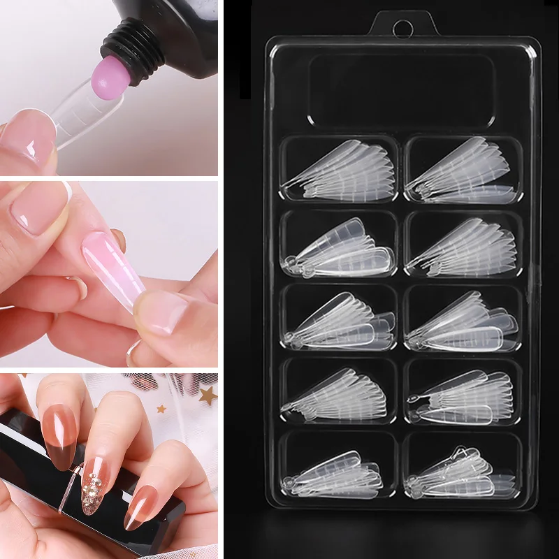 100pcs Reusable Nail Art Poly Acrylic Gel Dual Forms Nails Quick Extension Builder UV Gel Fake Tips Manicure Mold False Nails