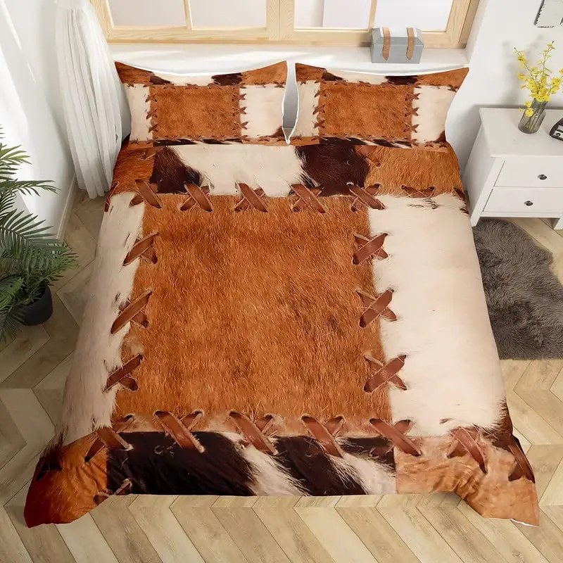 Cowhide Duvet Cover Cow Fur Bedding Set Microfiber Western Farm Animal Skin Comforter Cover Twin Full for Kids Teens Room Decor