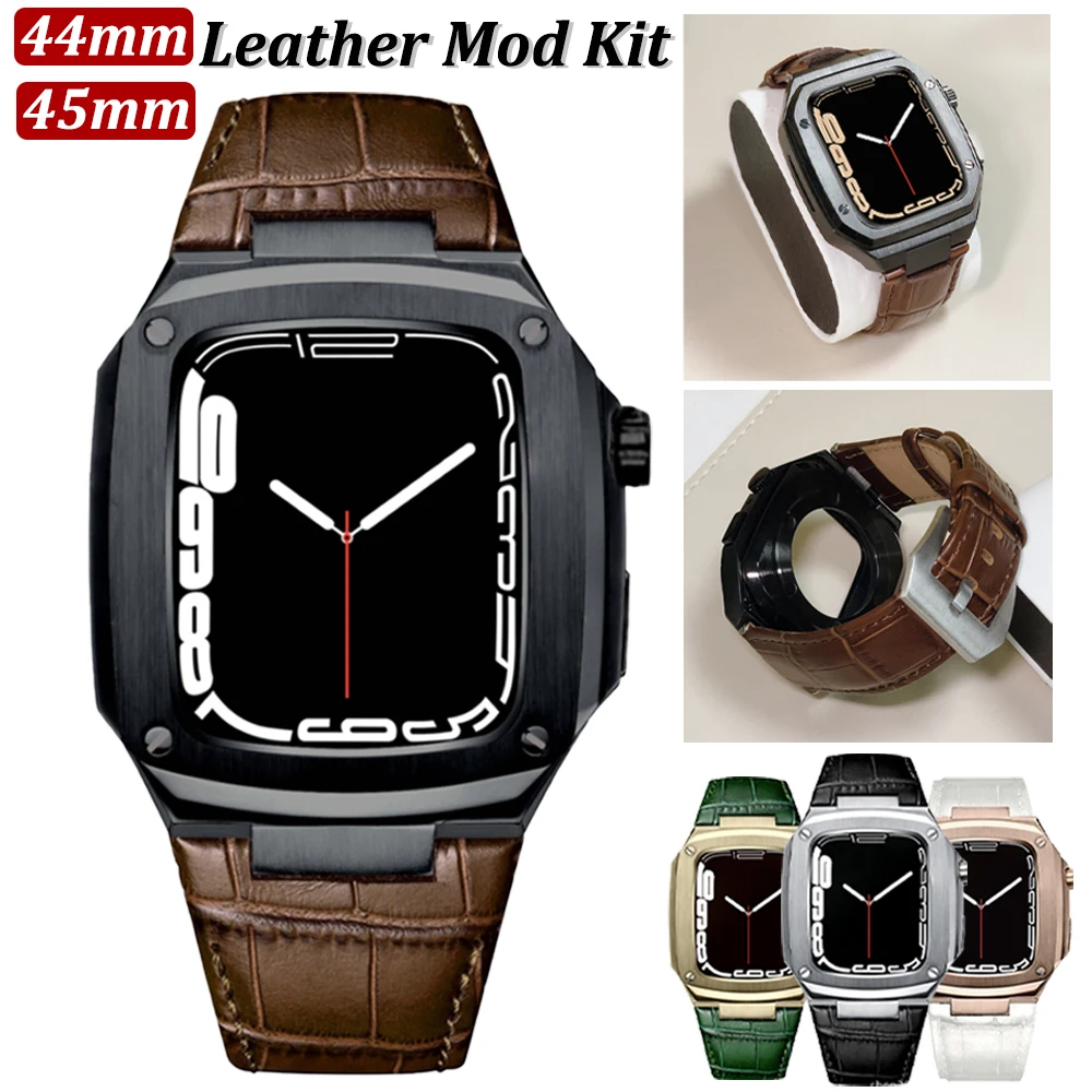 

Leather Band Metal Case Set For Apple Watch 6 SE 5 4 7 44mm Men Cover For iWatch Series 7 45mm 44 Stainless Steel Luxury Mod Kit