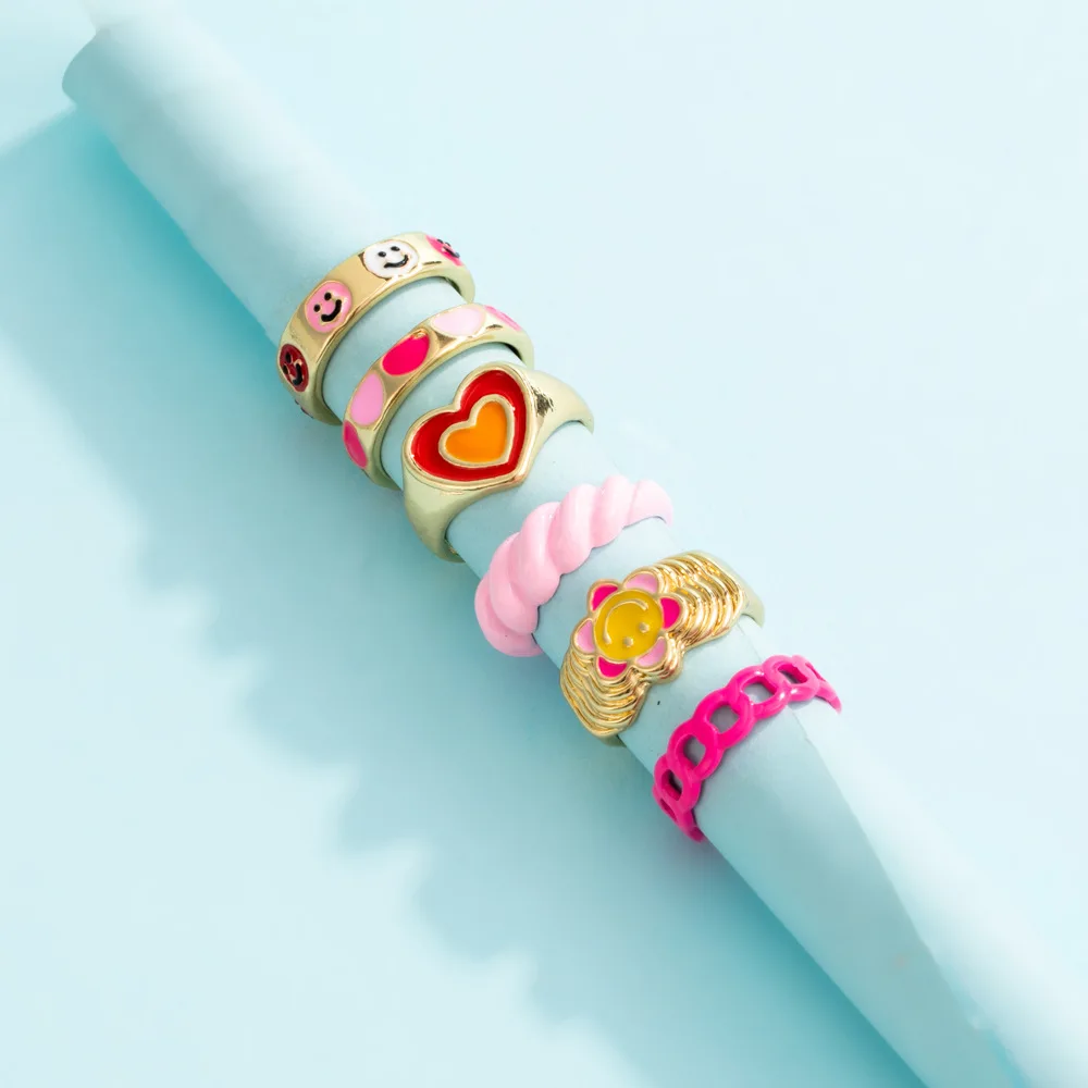 

6Pcs/set Ashion Personality Cute Cartoon Pink Metal Rings Set for Women Girls Love Heart Smiley Rings Girl Birthday Gift