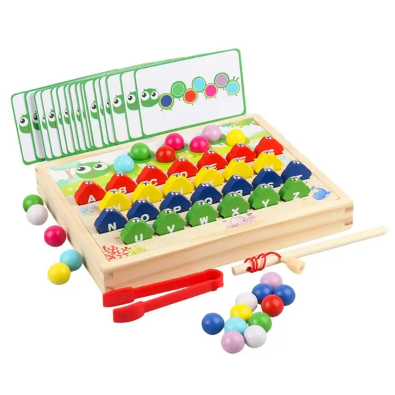 

Wooden Fishing Game Toy Wooden Board Bead Game Magnetic Caterpillar Design Clip Bead Game Wooden Pegboard Beads Game