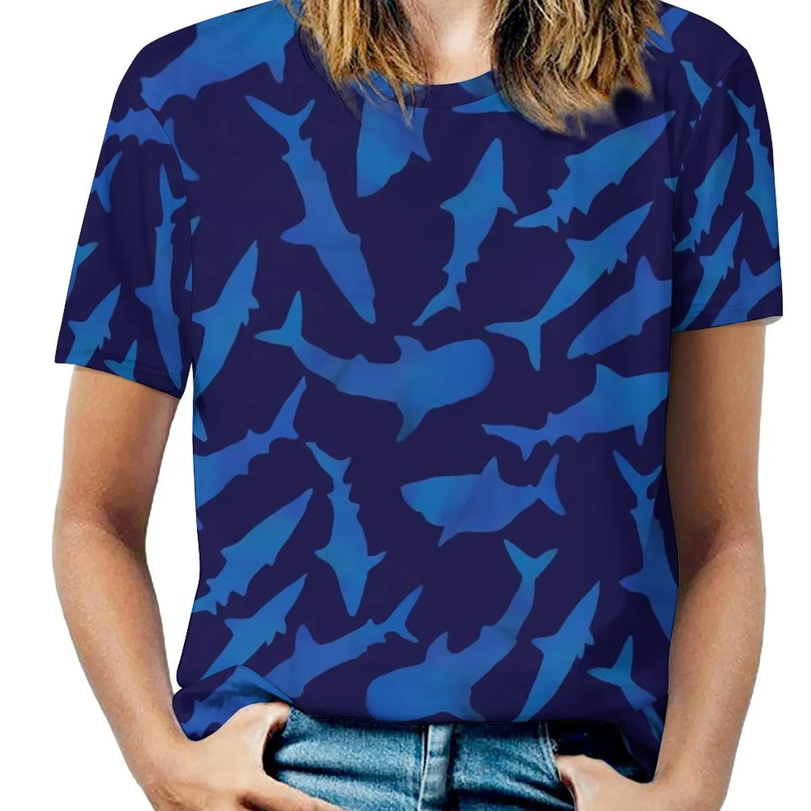 Летние футболки с изображением синей акулы повседневная футболка животным