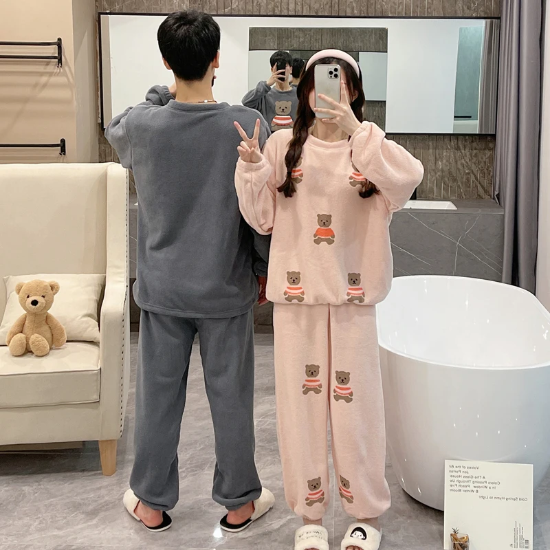 Woman Man Winter Warm Pijama Set Lover Couple Matching Pajamas Soft Flannel Thick Home Clothing Cute Bear Printing 2 Pieces Wear