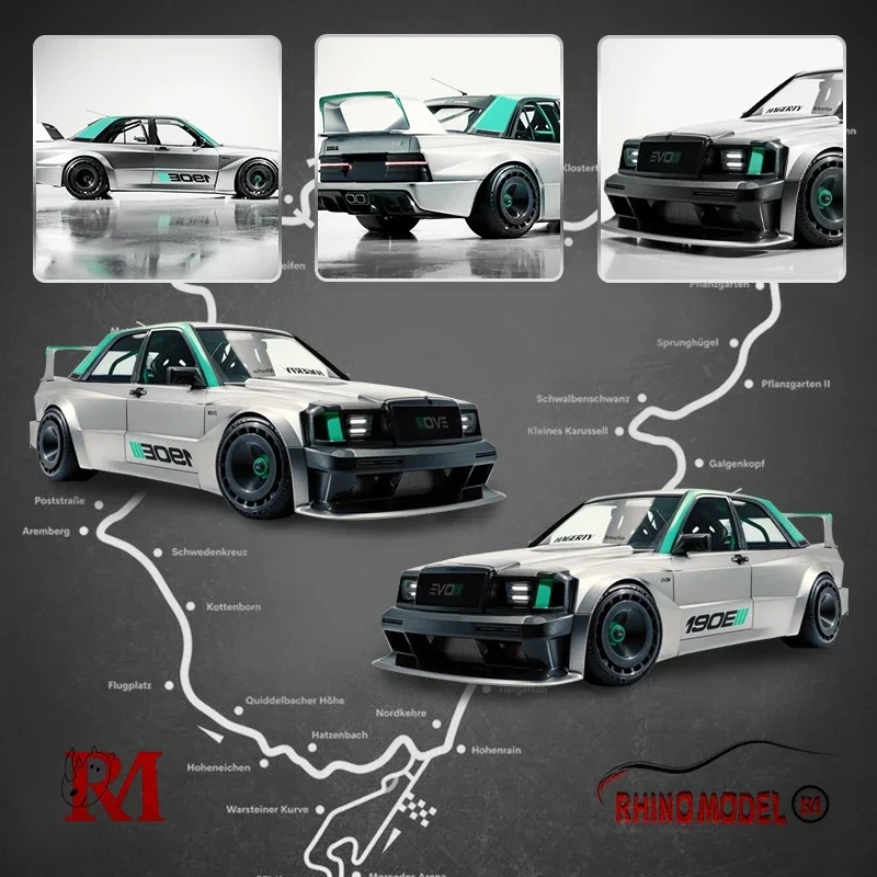 Модель Rhino 1:64 190E W201 Серебряная литая под давлением модель автомобиля