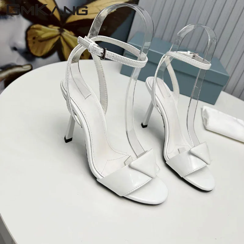 2023 New Chunky Heels Sandals Woman Patent Leather One Strap Runway Shoes Female Peep Toe Summer High Heels Sandals Women