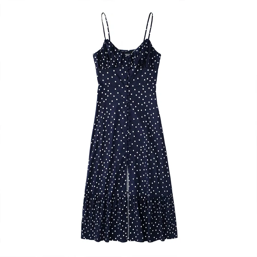 

Women 2022 New Fashion Linen Blend Polka Dot Dress Vintage V Neck Ruched Single Breasted High Waist Female Dress Vestidos Mujer