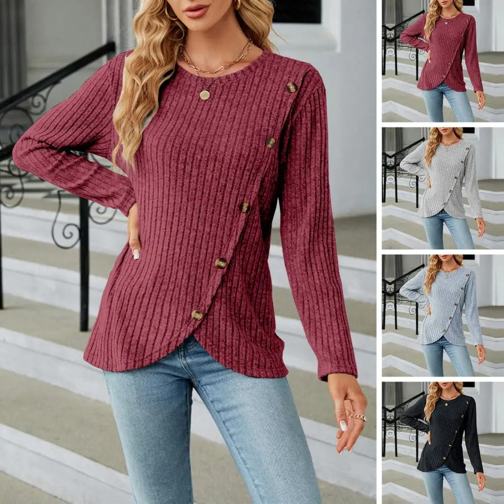 

Women Fall Winter Sweater Button Decor Round Neck Long Sleeve Thick Warm Asymmetric Hem Knitted Elastic Pullover Soft Striped Te