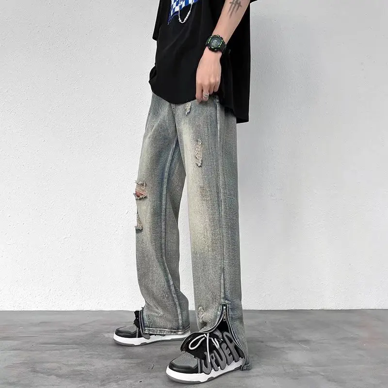 Men's Clothing Ripped Blue Jeans Zip-up Men's Jeans Hip Hop Streetwear Men's Jeans Aesthetic Y2k Men's Jeans Streetwear Men