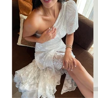 wedding accessories one shoulder lace up midi dress bodycon backless elegant party sexy club white 2022 summer dinner outfit