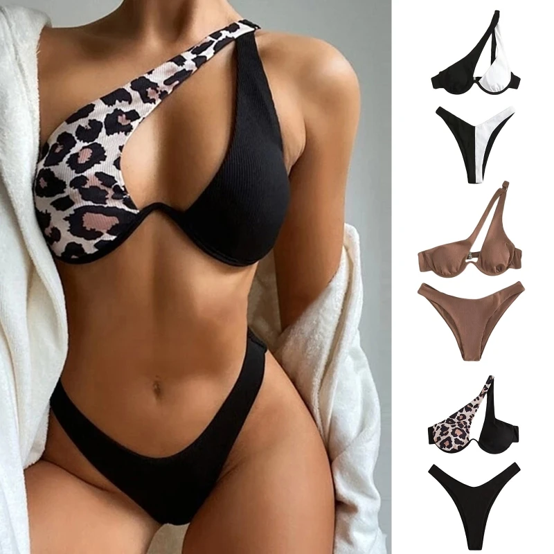 

Женское бикини на косточках, сексуальное Ребристое бикини на одно плечо, купальник с вырезом, пляжная одежда, Стиль купальный костюм с пуш-ап E56D
