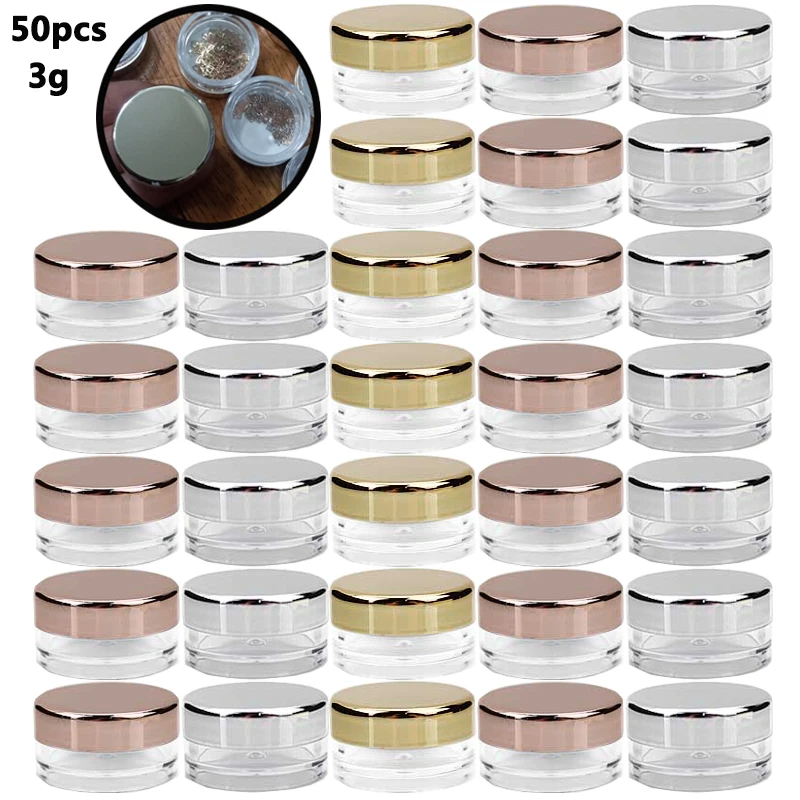 

50Pcs 3g Makeup Jar Cosmetic Empty Container with Rose Gold Lid Plastic Small Bottle for Eyeshadow Cream Lip Balm Container
