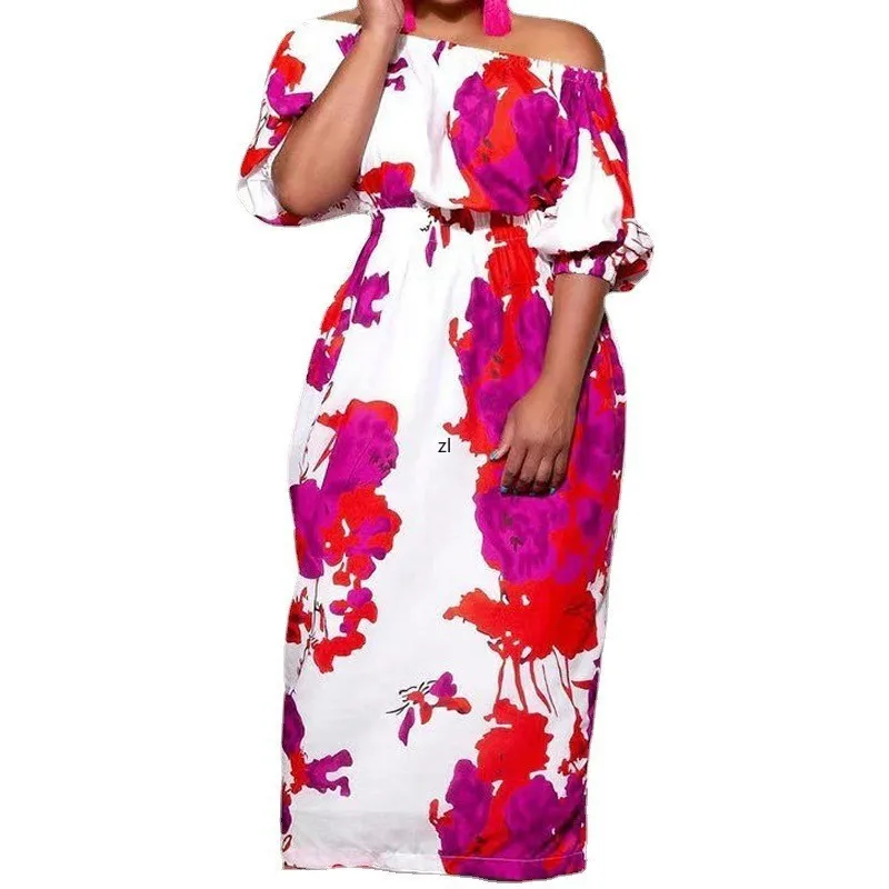 

African Long Maxi Dress Women's Flower Print Slash Neck Off The Shoulder Backless Daily Evening Party Dress African Dresses