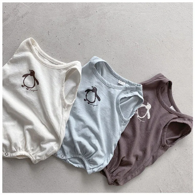 

2022 Summer Newborn Clothes Penguin Printed Cotton Outfits Baby Boy Sleeveless Bodysuits Girls One Piece