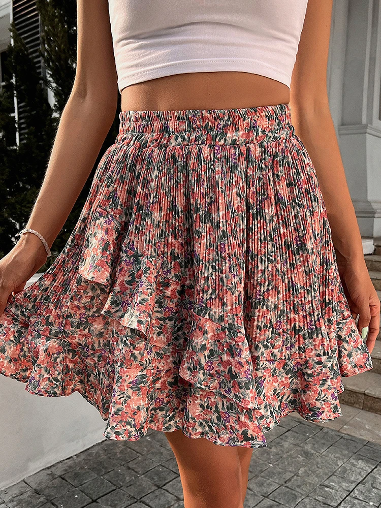 

Summer Print Simple Women Miniskirt 2022 Lady Elegant Four-way Elastic Party Skirt Fashion Romantic Solid Pleated Ruffled Skirt