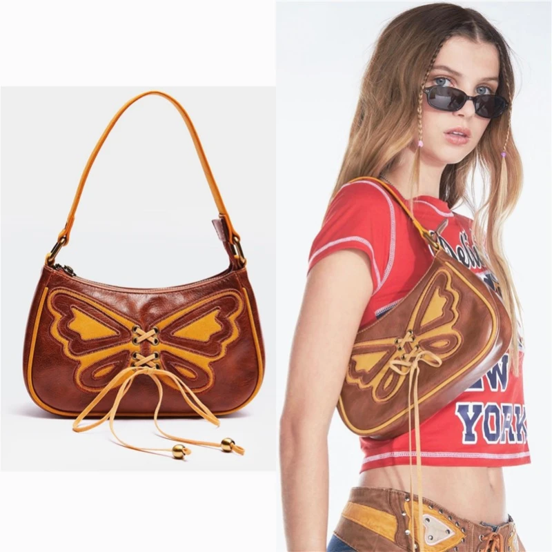 

Vintage Butterfly Drawstring Handbags for Women PU Leather Ladies Designer Brown Underarm Bag Hot Girls Shoulder Bags Armpit Bag