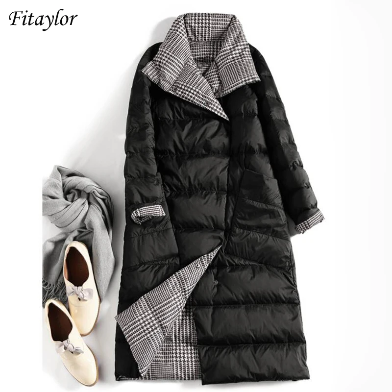 Fitaylor/зимняя женская клетчатая Двусторонняя длинная куртка-пуховик теплая