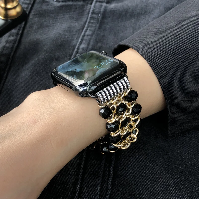 

Ремешок для часов Apple Watch 41 мм 45 мм 38/40 мм 42/44 мм, Модный жемчужный эластичный браслет для девочек, ювелирные изделия, браслет для часов серии 7 SE 6 5 4 3