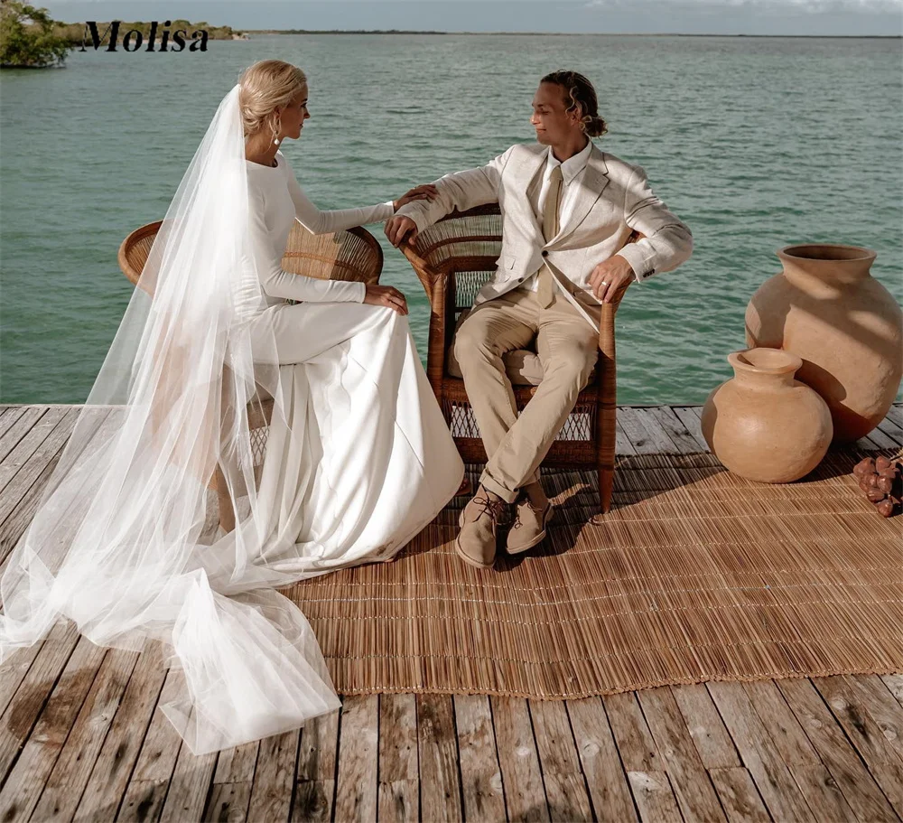 

O-Neck Boho Wedding Dress Satin Simple Mermaid Key Hole Back Bride Dresses for Women 2022 Free Shipping Country Bridal Gown