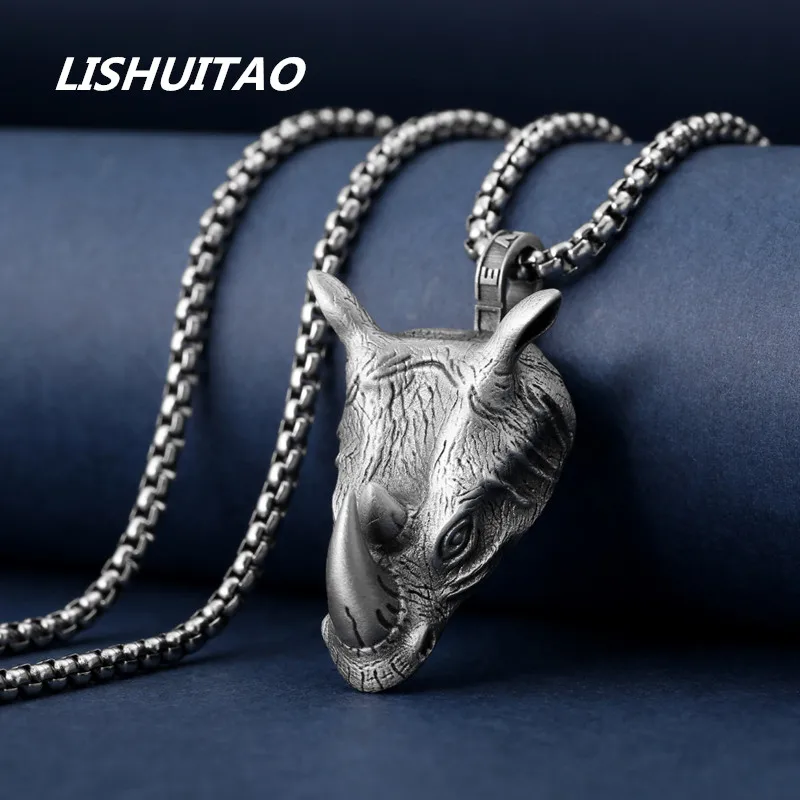 

Seiko Fashion Jewelry For Women Hip Hop Rhino Pendant Retro Animal Personality Men Titanium Steel Necklace Punk Style