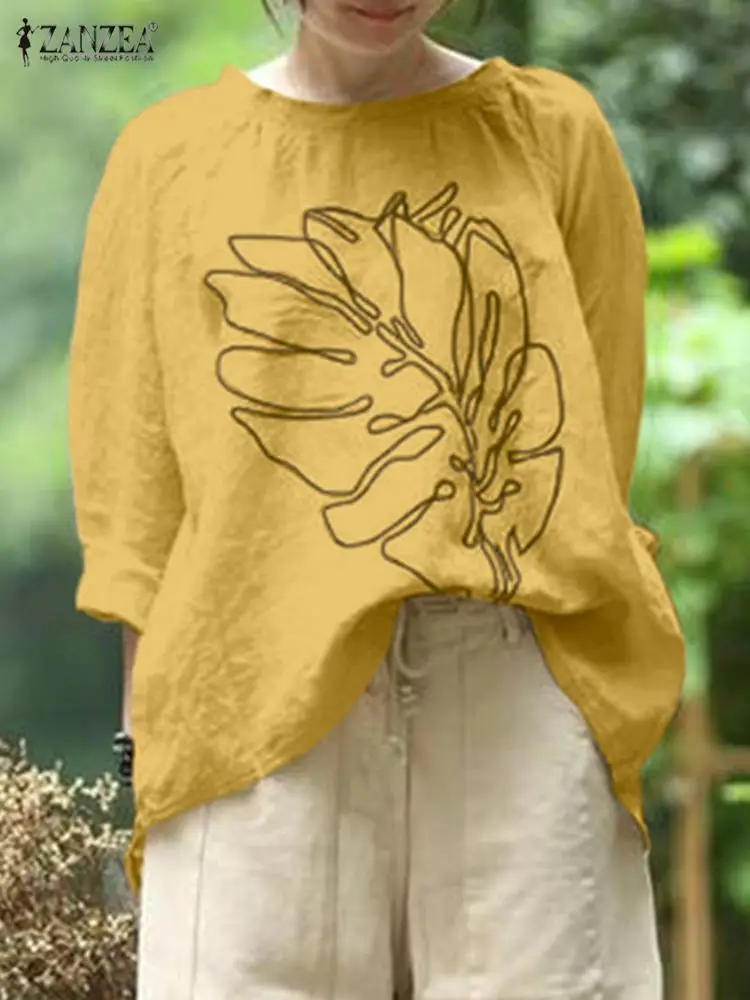 

Casual Cotton Tops Tunic Retro Shirt ZANZEA 2022 Autumn Vintage Floral Printed Blouse Women O Neck Long Sleeve Loose Blusas