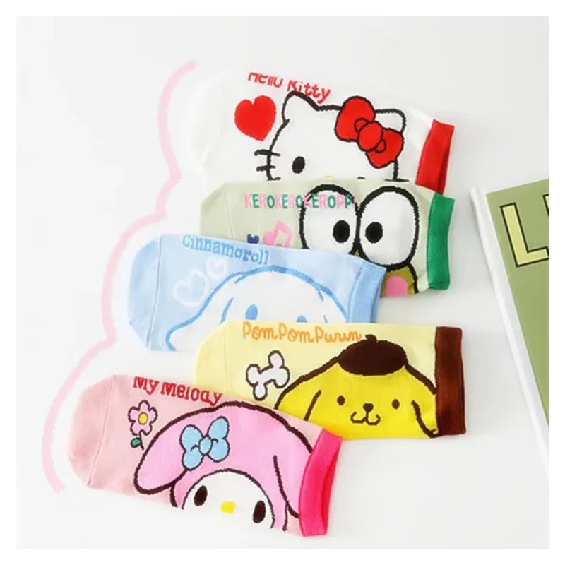 Мультяшные Sanrioed My Melody Cinnamoroll Kittys Cat Purin Dog милые узорные Короткие хлопковые носки Kawaii дышащие тонкие вязаные носки