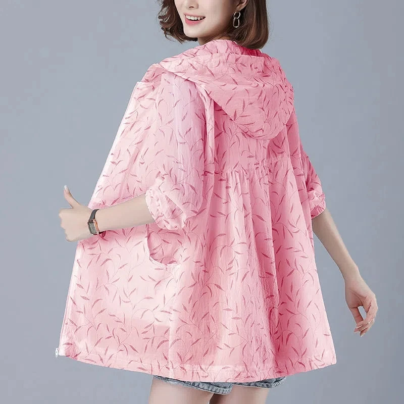 

New Printed Thin Sun Protection Clothing Women's Mid-Length Breathable Hooded Windbreaker Coat Casual Loose Zipper Jackets 4XL