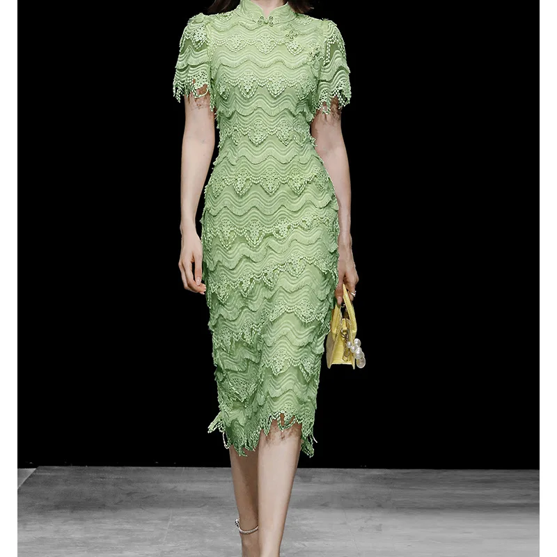 

Vintage Cheongsam Dresses for Women 2022 Elegant Pearls Buttons Short Sleeve Hollow Out Lace Dress Summer A-line Midi Vestido