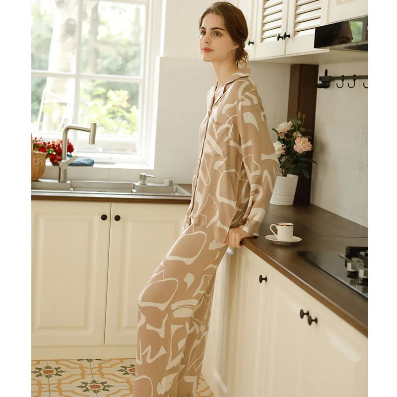 Fashion Light Brown Color Printed Cotton Pijamas for Ladies Long-Sleeved Trousers Homewear Sleeping Pajamas Suit Pjamas