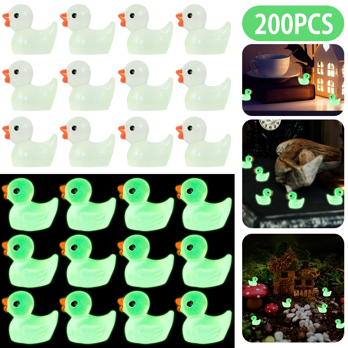 

L 200Pcs Mini Luminous Ducks Resin Tiny Glowing Ducks Miniature Animal Figures Glow in the Dark Cute Gardening Decorative Ducks