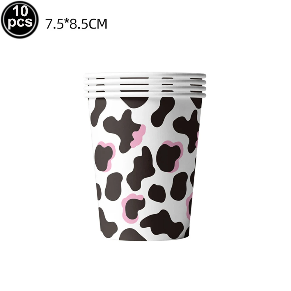 

Розовая бумажная посуда с принтом коровы