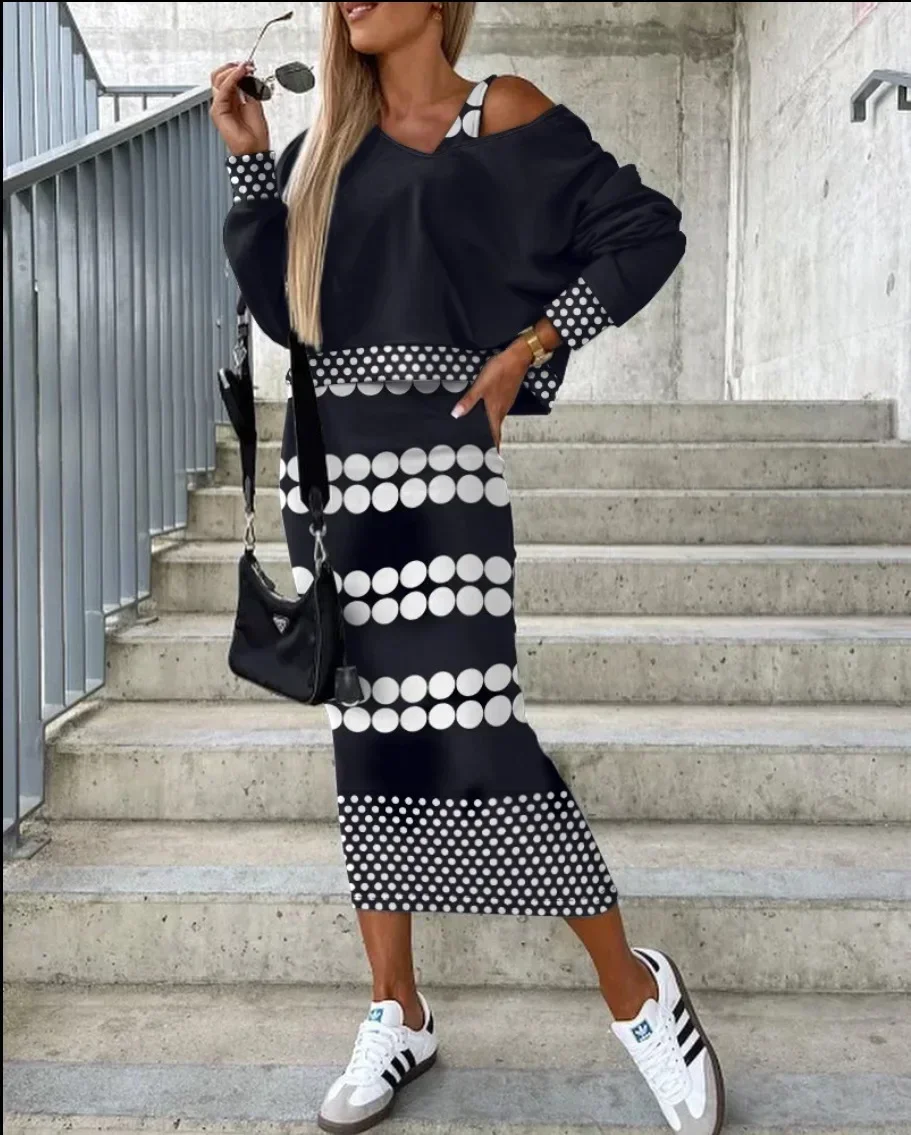 Женский Осенний повседневный комплект из двух предметов блузка с принтом и