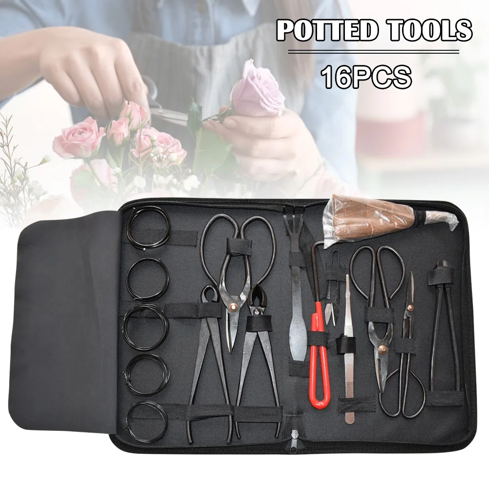 16Pcs Garden Bonsai Tool Set Carbon Steel Kit Cutter Scissors with Nylon Case Hand Edgers Garden Hand Tools Household Tool Kit