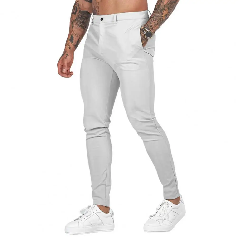 

Men Solid Color Trousers Breathable Slim Fit Men's Ankle-length Pants for Daily Commuting with Mid-waist Button Zipper Closure