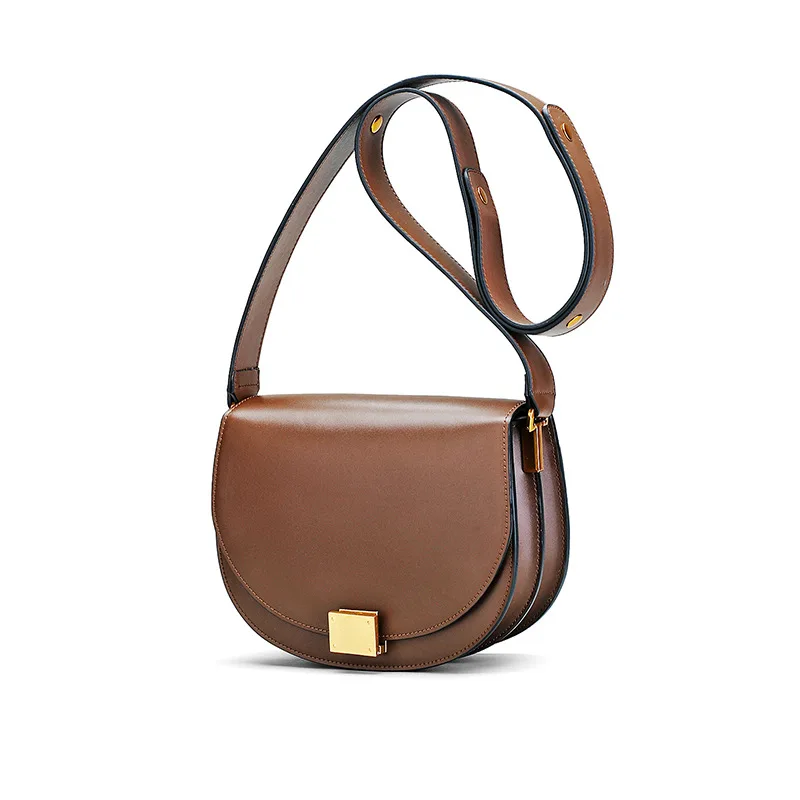 Ins Elegant Brand Design Hard Cow Leather Shoulder Bag for Women Saddle Bag Small Round Shape Cover Crossbody Messenger Bag