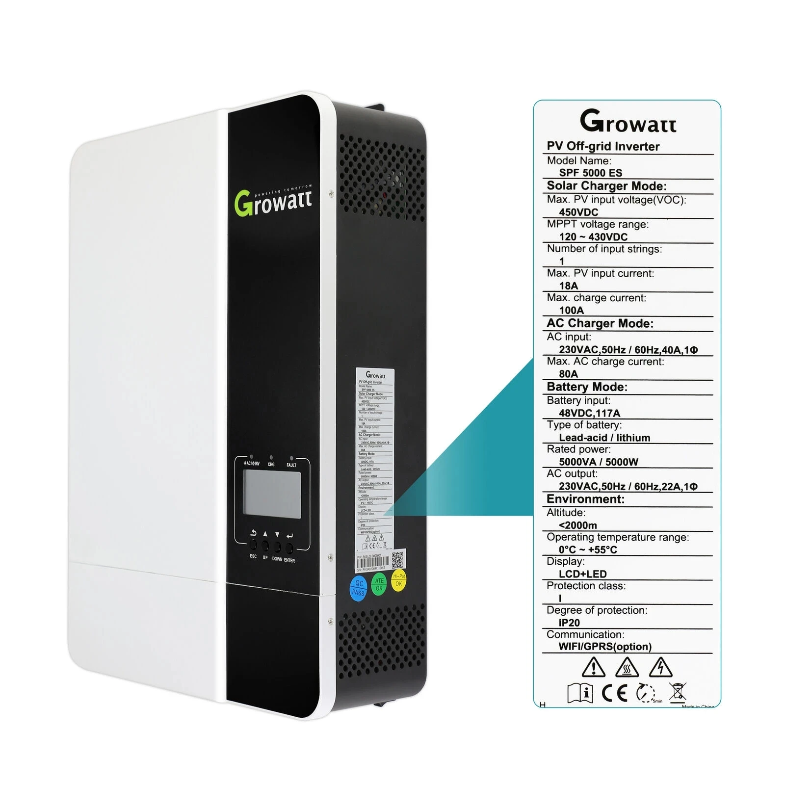 

Growatt 5KW 5KVA SPF 5000ES 5000W 3500W 80A/100A MPPT Charge Controller AC220V PV450V Off Grid Solar Inverter