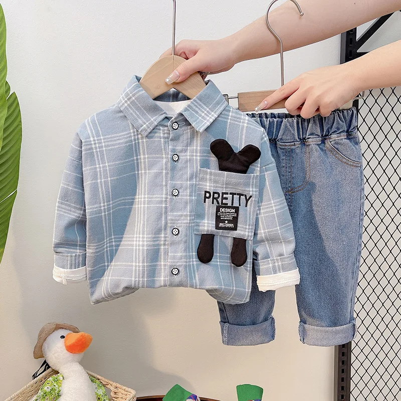 

Baby Boy Casual Suit 2022 Spring Autumn Clothes Fashion Children's Plaid Shirt+Letter T-shirt+Pants 3pcs Sets for Toddler Girl