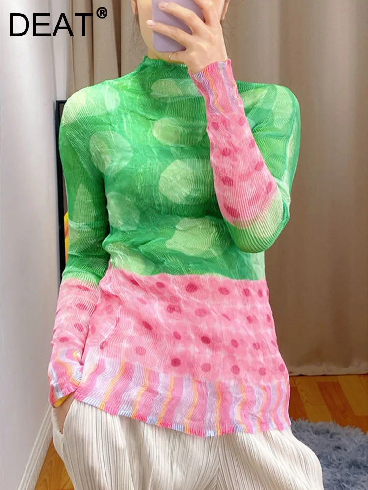 Женская плиссированная футболка в горошек DEAT тонкий пуловер с длинным рукавом