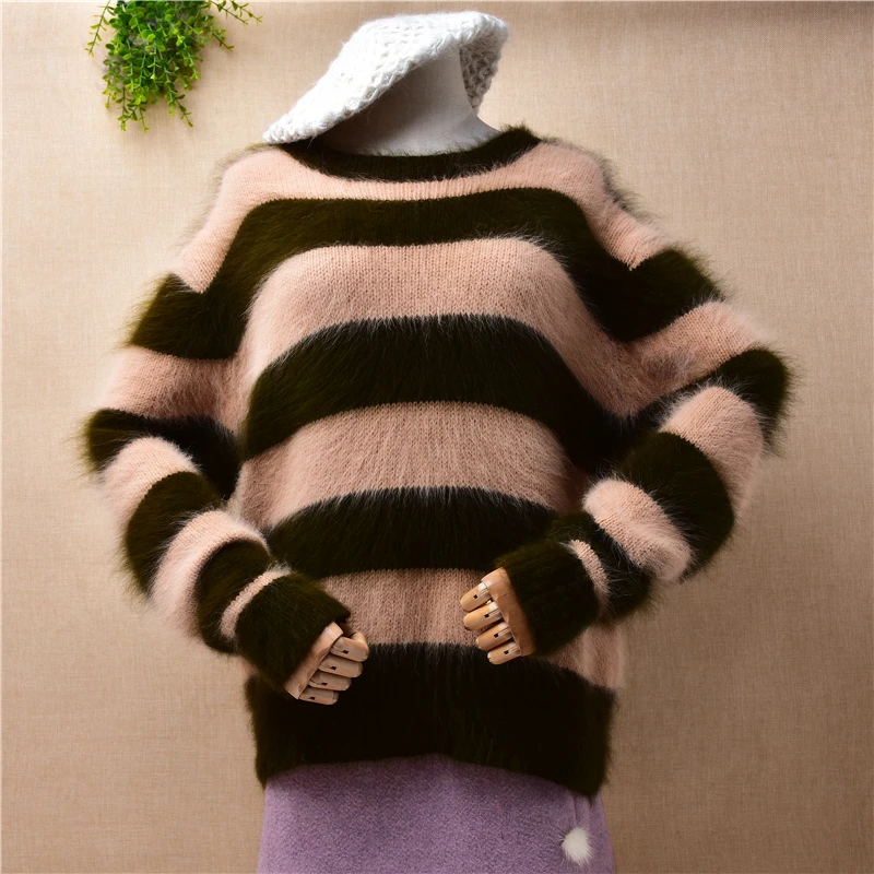 

Женская модная осенне-зимняя одежда, полосатый пушистый норковый кашемировый вязаный Свободный пуловер с круглым вырезом, свитер из ангоры