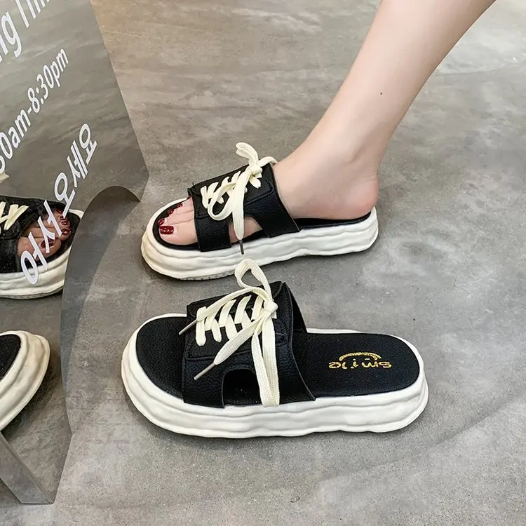 

Fashion Thick Bottom Net Celebrity Slippers Women's Summer Outer Wear 2022 New Women's Shoes Casual Lace-up Muffin Sandals