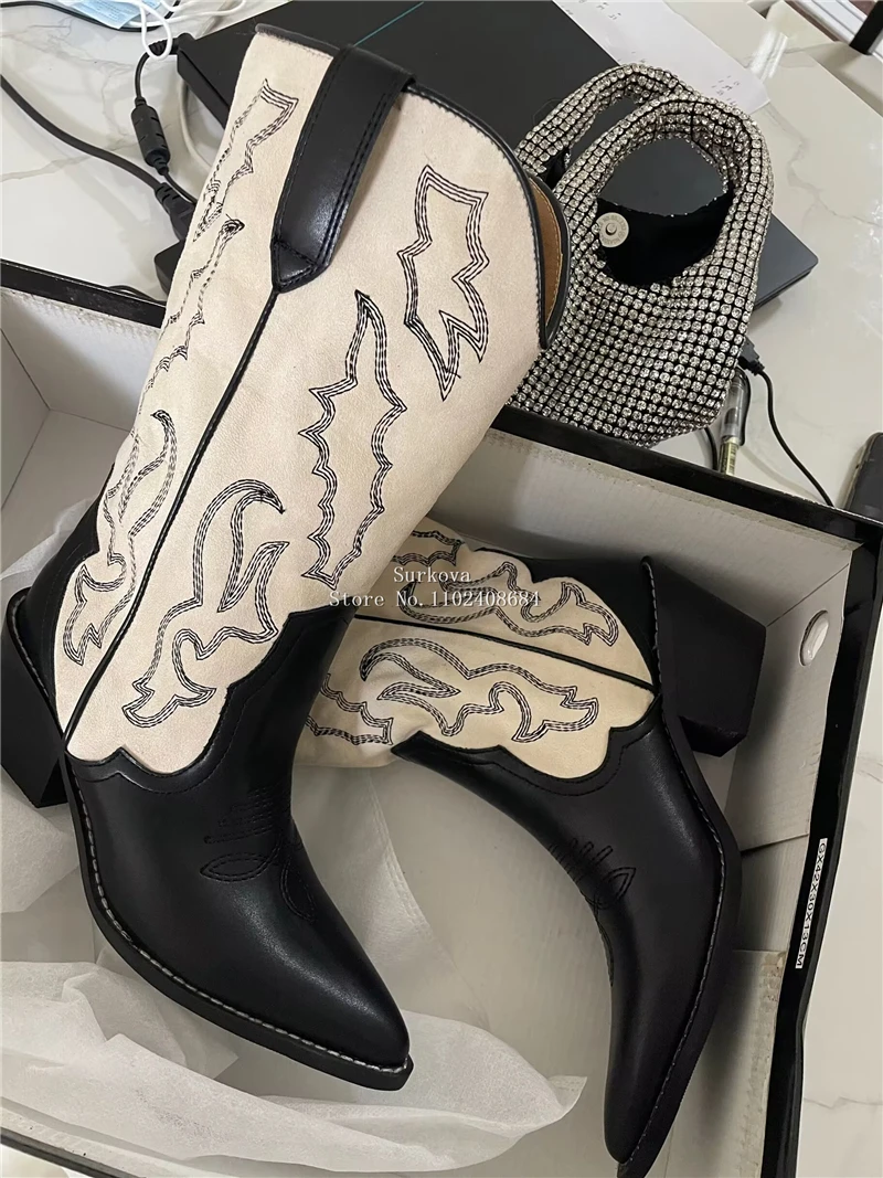 

Fashion Mid-heeled High Boots Embroidered Floral Retro Mid-calf Boots Pointed Toe Ethnic Style Knight Boots Microfiber Floral