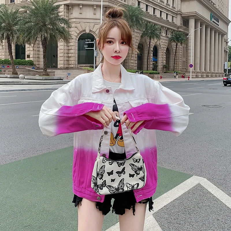 

Демисезонная женская джинсовая куртка Харадзюку с градиентом, Повседневная Корейская однобортная джинсовая куртка с длинным рукавом, женская джинсовая куртка