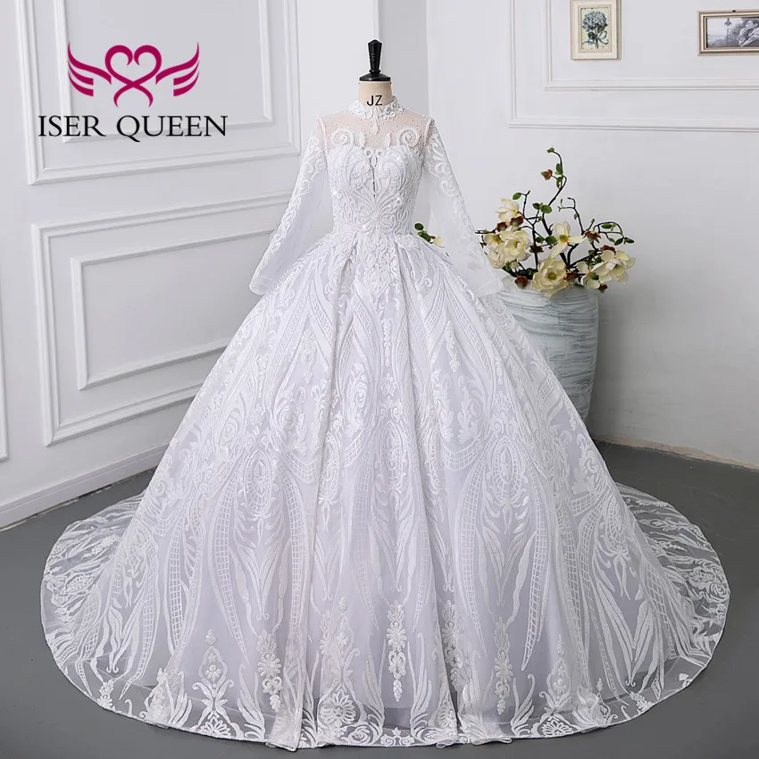 

Женское свадебное платье со шлейфом, винтажное бальное платье с длинными рукавами и высоким воротом, расшитое бисером, модель WX0325, 2023