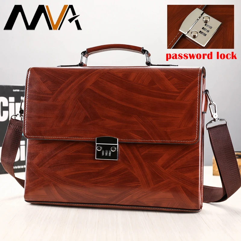 MVA Men's Leather Handbag Business Briefcase Laptop Bags 14 inch Shoulder Computer Bag Password Lock Retro Trendy Men's Bag New