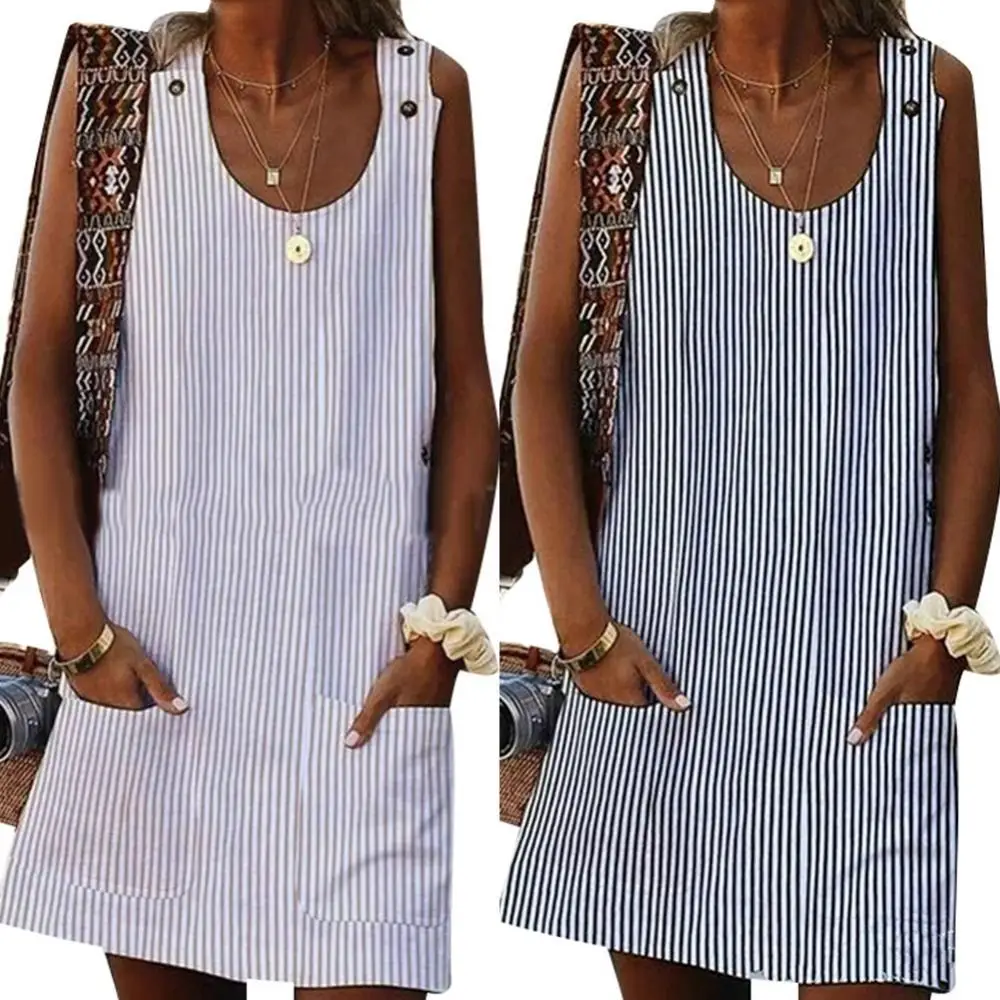 

5XL Mini Summer Dress Women Summer Plus Size Striped Loose Sleeveless Mini Dress with Pockets Ladies Holiday Party Sundress