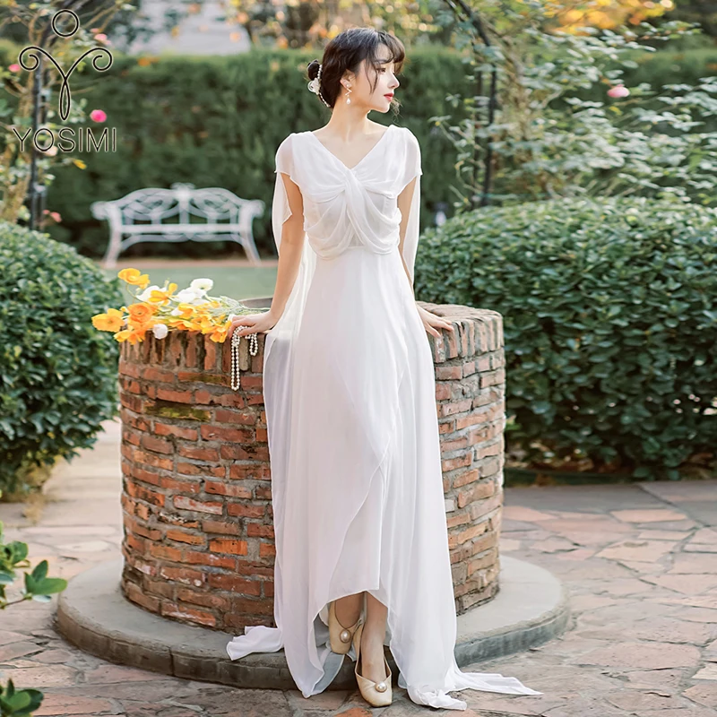 

YOSIMI Floor-Length White Chiffon Long Women Dress Elegant 2022 Summer Backless V-neck Sleeveless Women Party Night Sexy Dresses