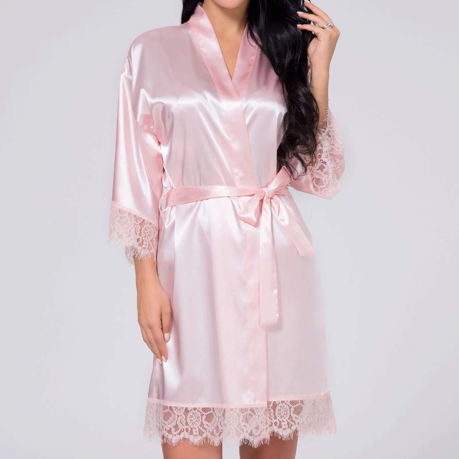 

Женская шелковая пижама Iace, ночные рубашки, ночная рубашка с коротким рукавом, ночная рубашка, черный кружевной халат, Гладкий мягкий удобный чистый цвет