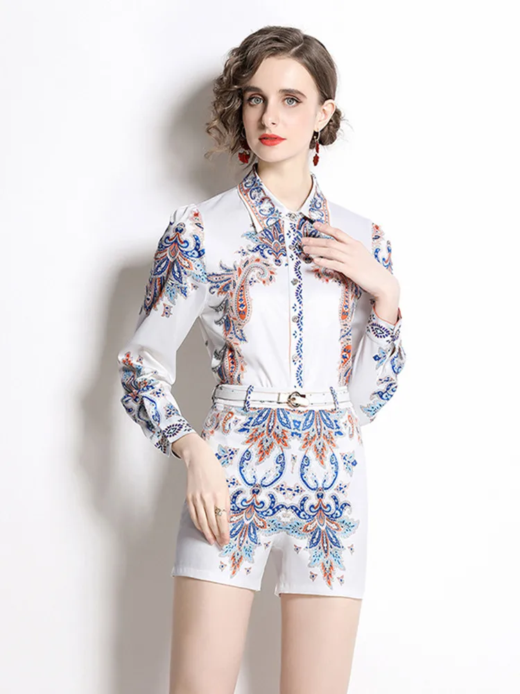 

Autumn New Vintage Printting Two Piece Pants Sets Women's Outfits Casual Long Sleeve Shirt Blouse +Shorts Sets