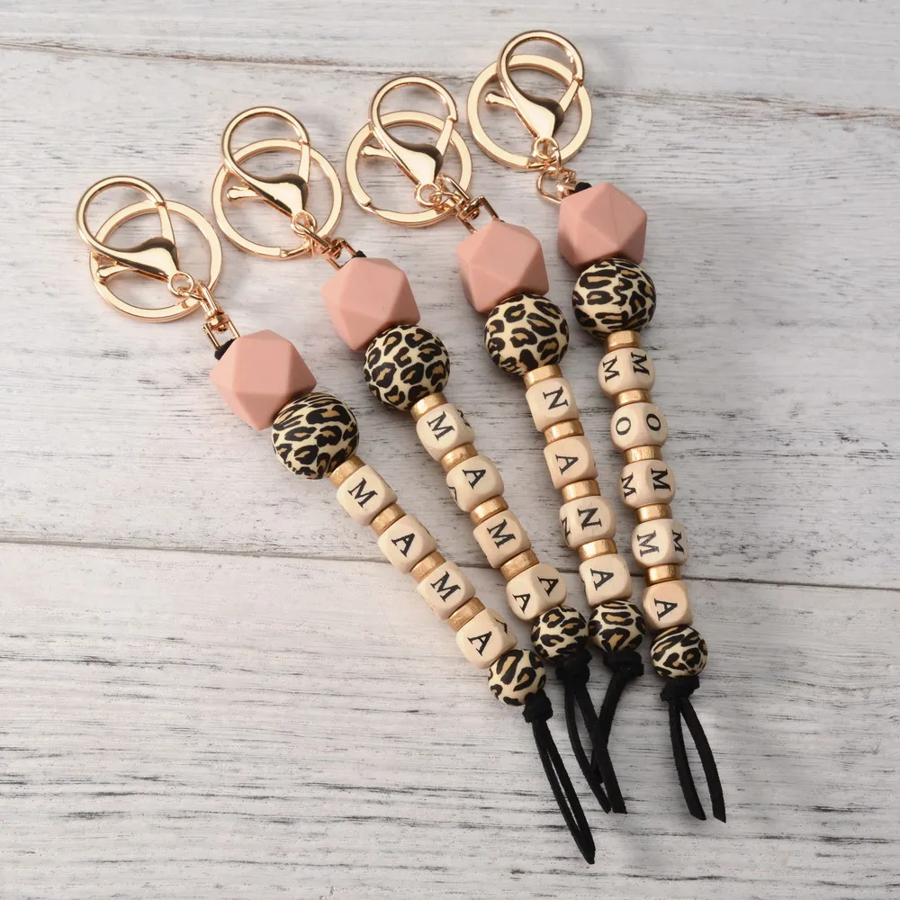 

Tracdy MAMA Keychain Gift New Leopard Print Silicone Bead Keychain Fashion Bag Pendant 2022 New Fashion Mother Day Gift Pendant